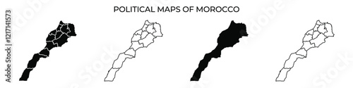 A series of political maps displays the geographical divisions of Morocco. Each map highlights different regions, showcasing boundaries and territories in varying detail.