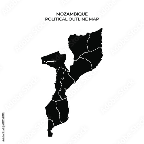 The outline map of Mozambique illustrates the countrys political regions and borders. It highlights the geography without additional details or colors, emphasizing the structure of the land.