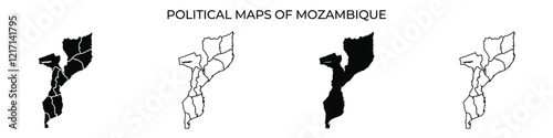 Four political maps illustrate the changing boundaries and regions of Mozambique over different periods. Each map highlights distinct administrative divisions and territorial adjustments.