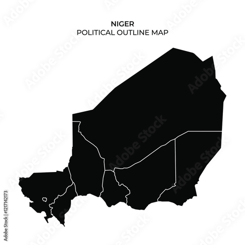 This illustration features a simplified black outline map of Niger, showcasing the countrys political boundaries without any additional details. The focus is on the shape and extent of the territory.