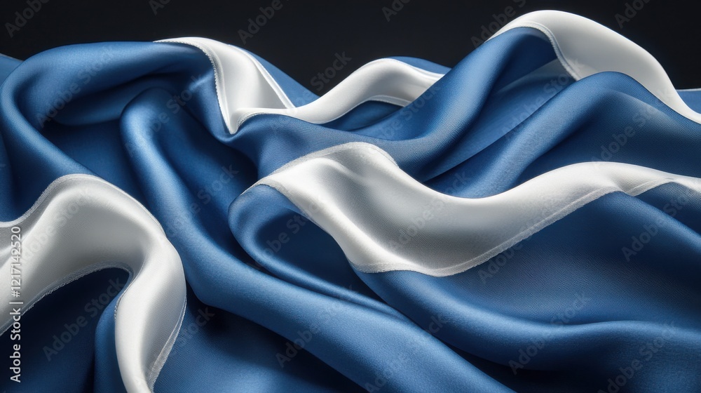 Obraz premium Elegant Blue Fabric with Smooth Curves and Glossy White Trim on a Black Background for Textile and Design Use