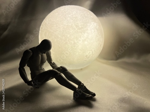 月を背にひざを抱えて落ち込む人形