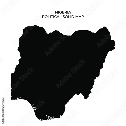 The image features a solid black silhouette of Nigeria showcasing its political boundaries. The shape emphasizes the distinct geographic outline of the country.