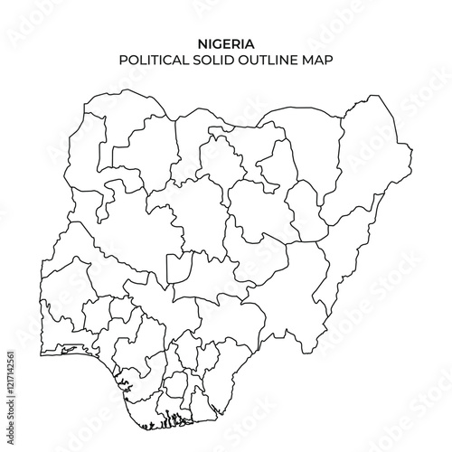 This political outline map depicts Nigerias geographical layout, including its various states and regions, without any color or detailed markings.