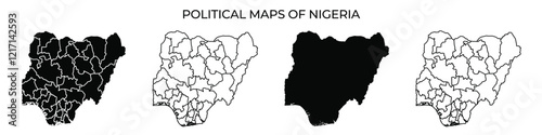 Four variations of political maps of Nigeria illustrate its regions and boundaries in distinct styles, showcasing the geographical organization of the country.