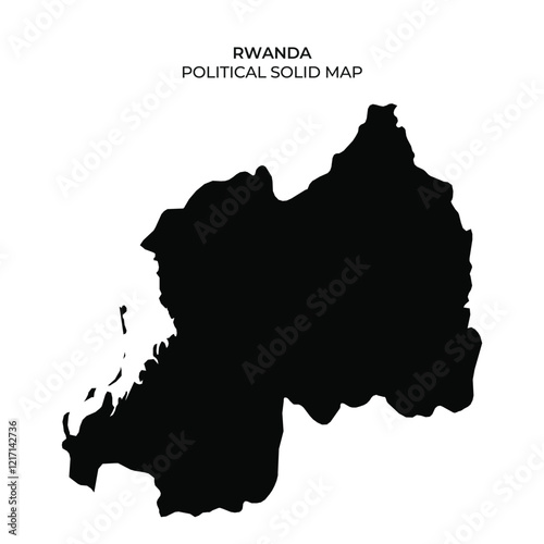 A detailed political solid map of Rwanda highlighting its distinctive shape and borders. The map emphasizes geographical features without additional markings or colors.