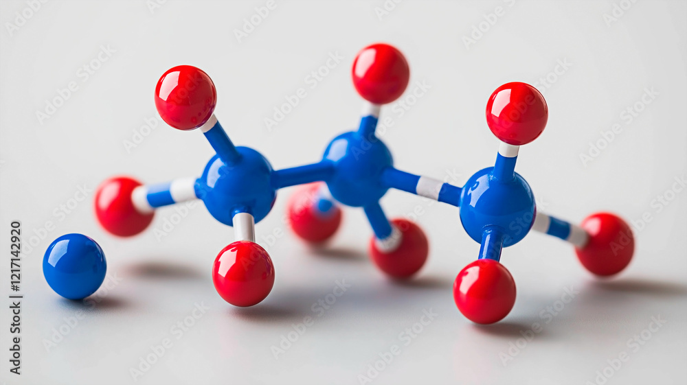 A small plastic molecule model with red and blue spheres rests on a bright surface. Concept of scientific exploration and fundamental chemistry. A small plastic molecule model with red and blue spheres rests on a bright surface. Concept of scientific exploration and fundamental chemistry.