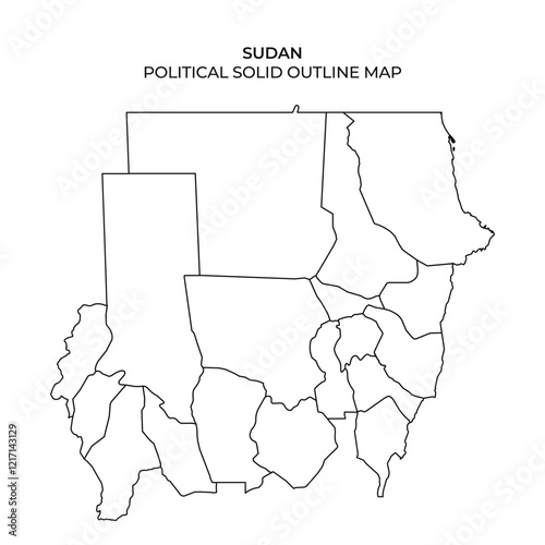 This detailed outline map illustrates the political boundaries within Sudan, highlighting different regions and their shapes clearly. Ideal for educational use and geographic reference.
