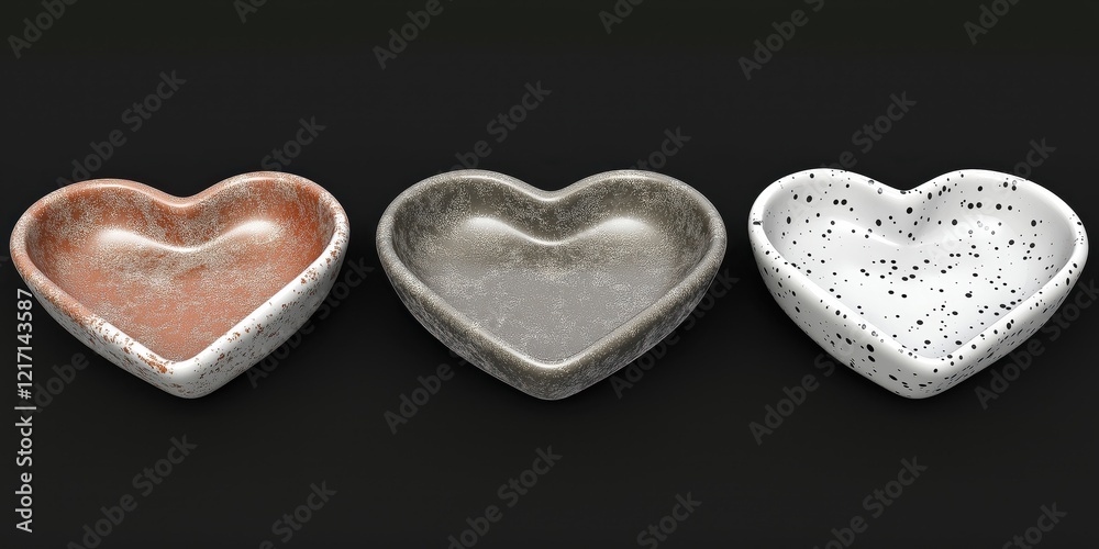 Obraz premium Three textured heart-shaped bowls on black background
