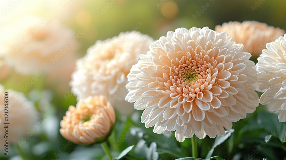 Peach chrysanthemums bloom in garden sunlight Peach chrysanthemums bloom in garden sunlight