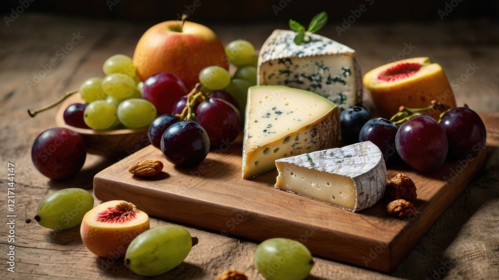 A Bountiful Feast: A Captivating Arrangement of Gourmet Cheeses, Juicy Grapes, Crisp Apples, and Succulent Peaches on a Wooden Board, Perfect for Indulgent Gatherings and Culinary A Bountiful Feast: A Captivating Arrangement of Gourmet Cheeses, Juicy Grapes, Crisp Apples, and Succulent Peaches on a Wooden Board, Perfect for Indulgent Gatherings and Culinary