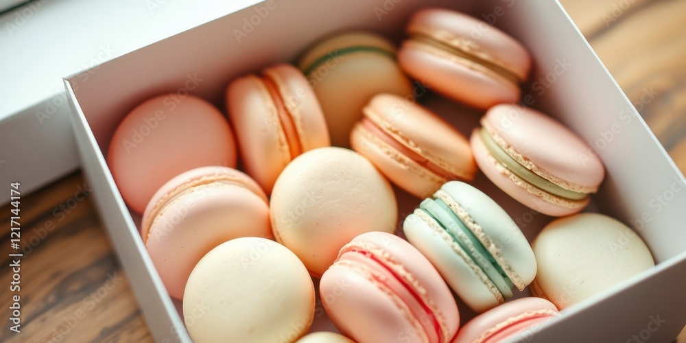 Fototapeta premium Pastel-colored macarons in a gift box, a delightful assortment of sweet treats