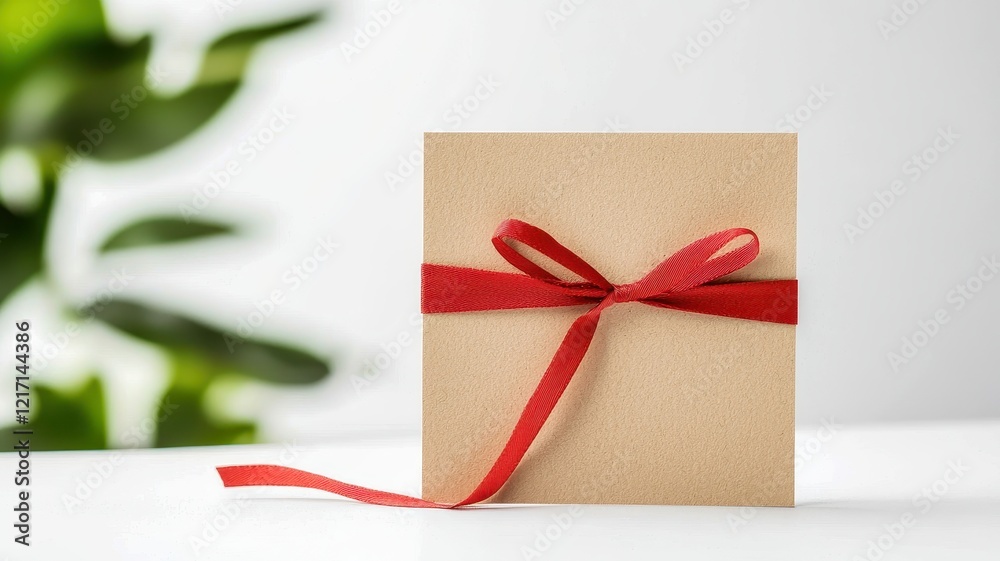 A small, neatly tied gift box with a red ribbon, set against a soft, blurred background of green foliage. A small, neatly tied gift box with a red ribbon, set against a soft, blurred background of green foliage.
