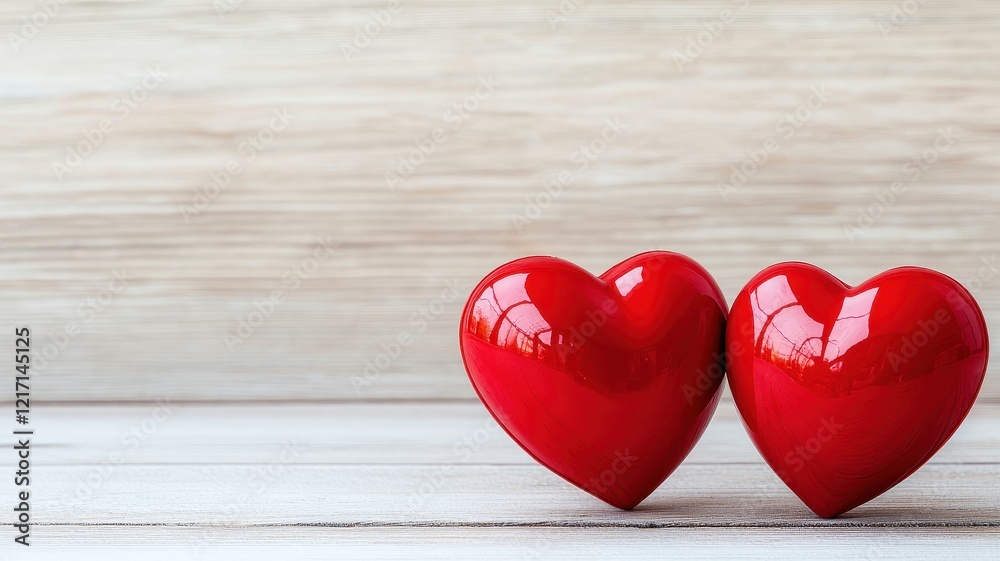 Two shiny red hearts sit close together on a light wooden surface, symbolizing love and affection. Two shiny red hearts sit close together on a light wooden surface, symbolizing love and affection.