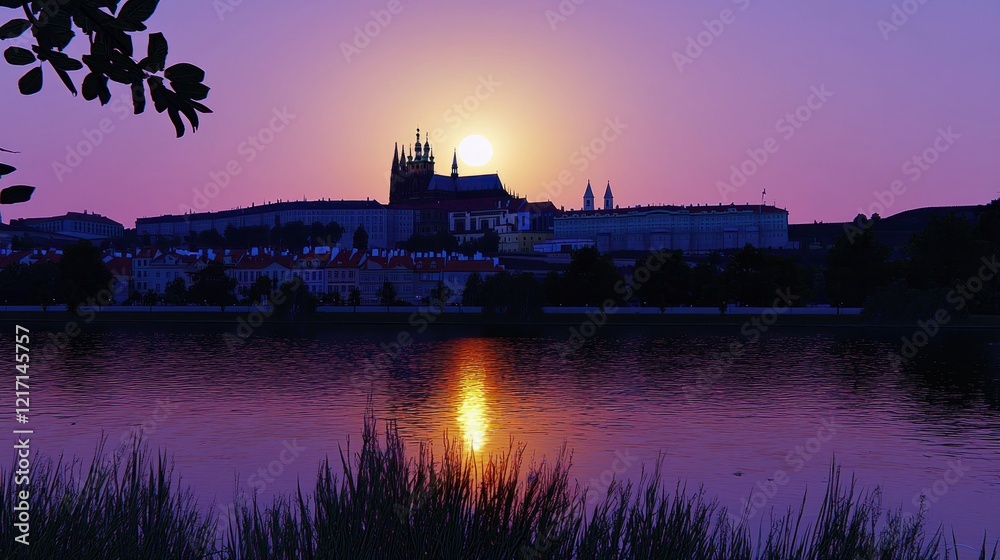 Fototapeta premium Sunset over castle, river, city; peaceful evening