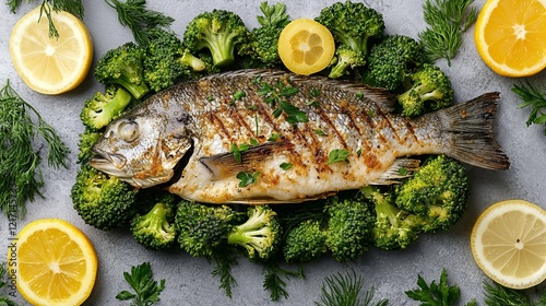 Deliciously Grilled Fish Plated on a Fresh Bed of Broccote Surrounded by Broiled Broccote Creating an Elegant Culinary Presentation Filled with Flavor and Nutritional Value for Healthy Eating photo