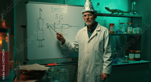 Scientist in a lab coat explaining vaccine concepts with a humorous twist