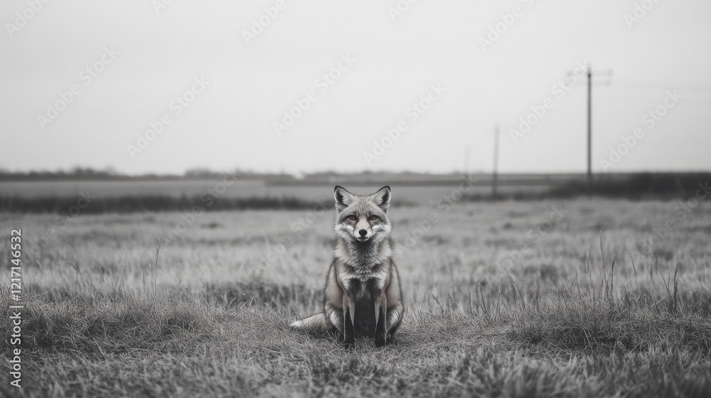 Obraz premium A solitary fox sitting gracefully in a grassy field under a cloudy sky, with distant power lines