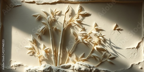 Cream-colored relief sculpture of stylized bamboo plants, elegantly arranged on a textured background, bathed in soft sunlight.