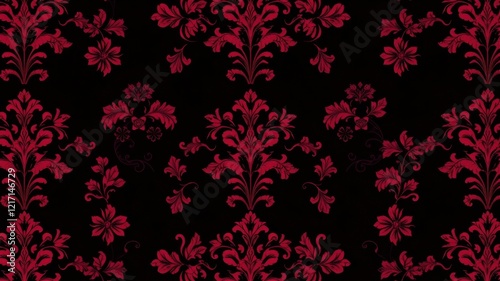 Elegant Crimson and Black Damask Floral Pattern Seamless Design Ideal for Fabric, Wallpaper, or Wrapping Paper