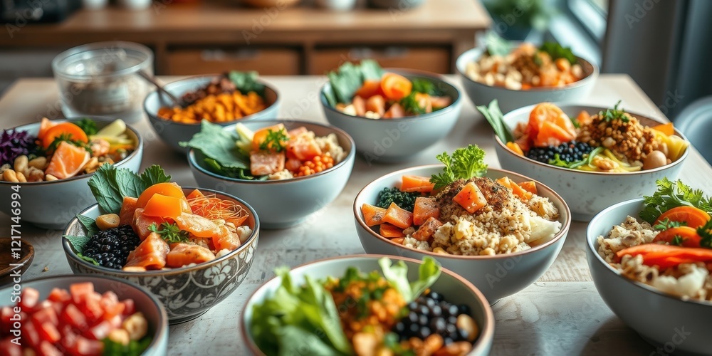 A vibrant collection of healthy grain bowls featuring colorful vegetables and protein A vibrant collection of healthy grain bowls featuring colorful vegetables and protein