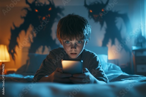 A dimly lit bedroom where a person is hiding under the covers, wide-eyed and clutching their phone while strange shadows loom on the walls