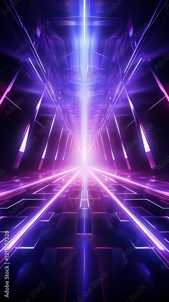Fototapeta premium Digital technology purple neon light abstract futuristic tunnel poster background