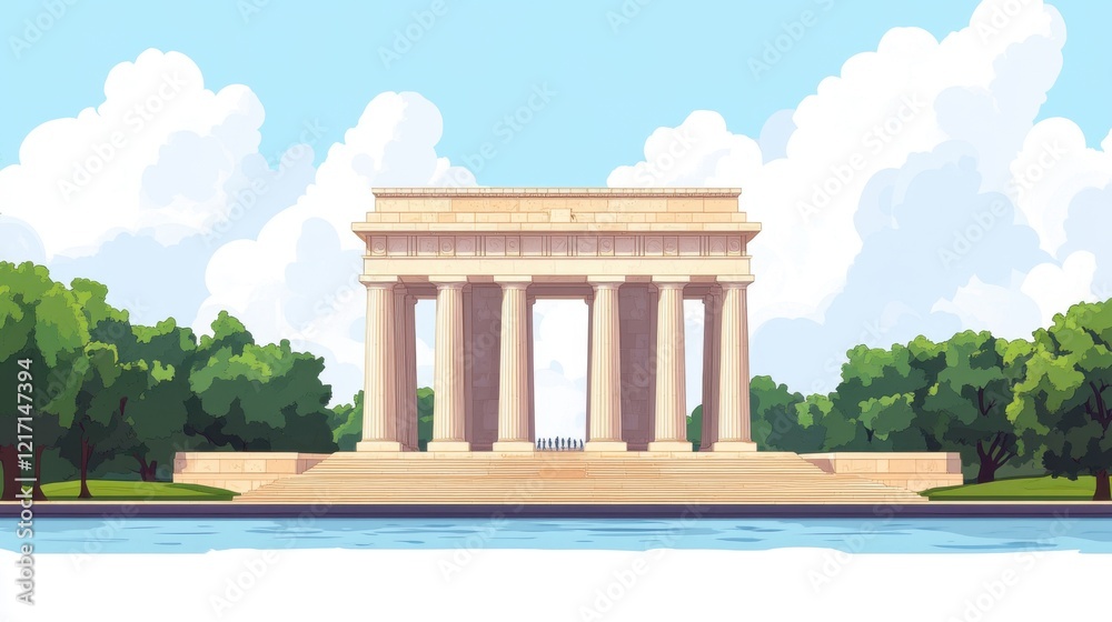 Obraz premium Impressive digital illustration of classic architectural monument with pillars beside a serene water body