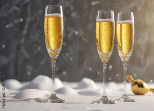 Golden champagne in crystal flute, snowy background ,  sparkle,  party