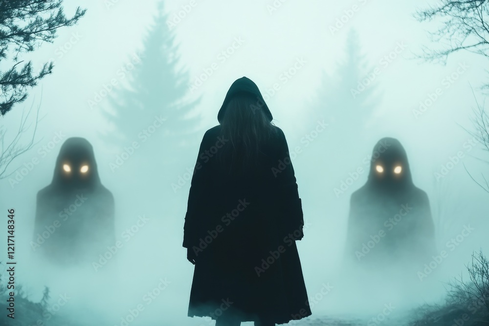 A fantastical depiction of a person being surrounded by shadowy, whispering spirits, with glowing eyes peering out from the darkness, in an enchanted but eerie forest