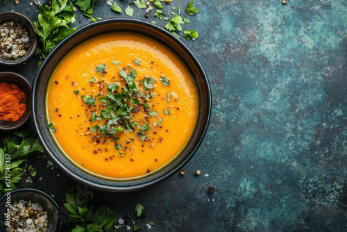 Sweet potato soup in bowl on table. Pumpkin soup in bowl on dark background, top view. Generated AI	