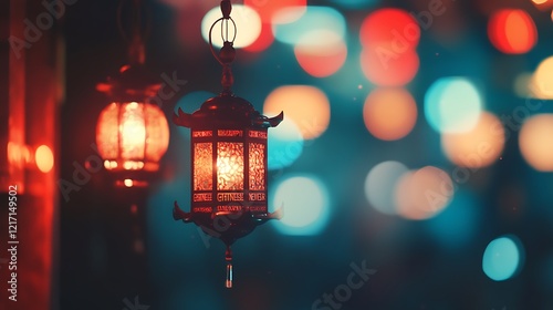Wallpaper Mural Illuminated lanterns hanging outdoors at night, bokeh background, festive atmosphere, ideal for holiday cards. Torontodigital.ca