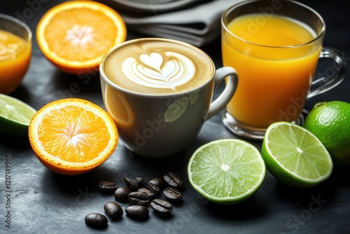 Latte art, citrus, coffee beans, breakfast, drink, table, juice, dark, background, food