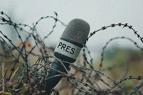 A microphone entangled in barbed wire symbolizes the challenges of free speech and press freedom in a troubled landscape during a time of crisis