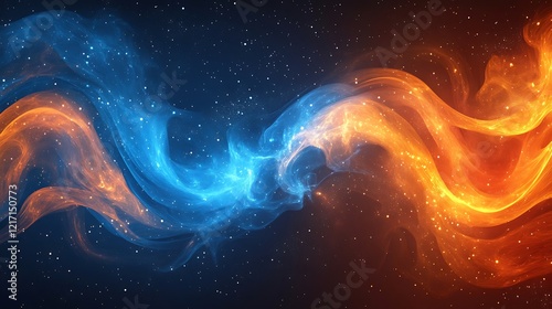 Abstract blue and orange cosmic energy flow in starry space background
