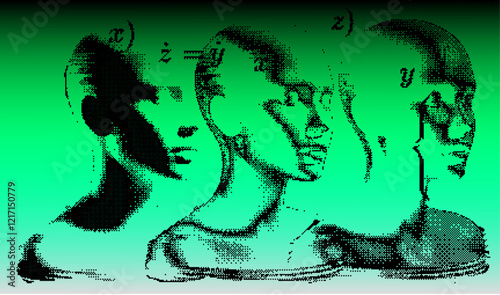 Glitched and decomposted pixelated human face on a green background. Futuristic neo-brutalist vector illustration on the theme of cyber technology and identity.