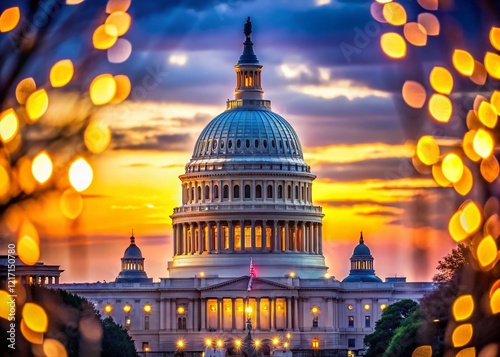 Washington DC Capitol Building at Dusk, Bokeh Lights, American Landmark