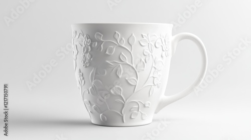 Embossed floral mug, white background, studio shot, home d?cor