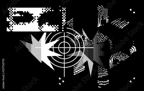 Geometric distress aesthetics in abstract pattern design. Brutalism inspired vector graphics collage made with simple geometric shapes and grunge texture, useful for poster art and digital prints.