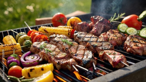 Savoring the Delight of Grilled Feast: A Vibrant BBQ spread Featuring Succulent Meats, Colorful Vegetables, and a Perfect Summer