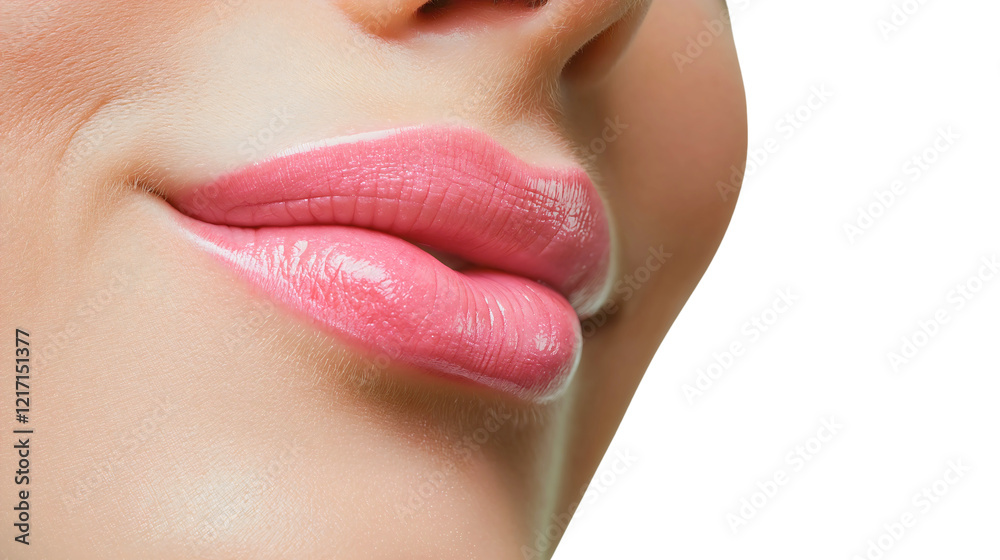 Obraz premium Close-Up Portrait of Feminine Beauty with Glossy Pink Lips and Natural Makeup