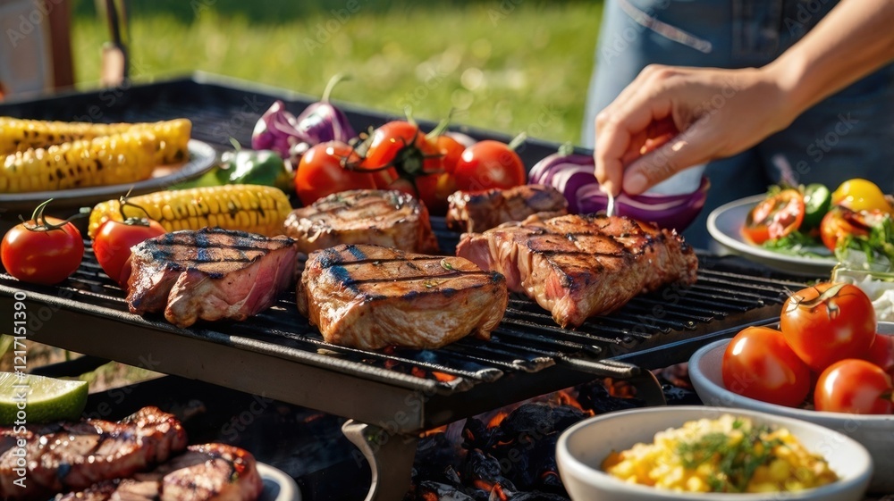 Savoring the Delight of Grilled Feast: A Vibrant BBQ spread Featuring Succulent Meats, Colorful Vegetables, and a Perfect Summer Savoring the Delight of Grilled Feast: A Vibrant BBQ spread Featuring Succulent Meats, Colorful Vegetables, and a Perfect Summer