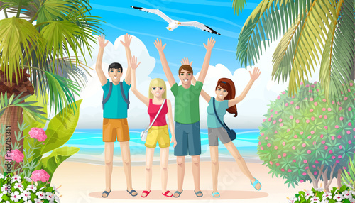vector nature landscape background. Happy friends on the beach. Cartoon summer clip art. Hand drown design.