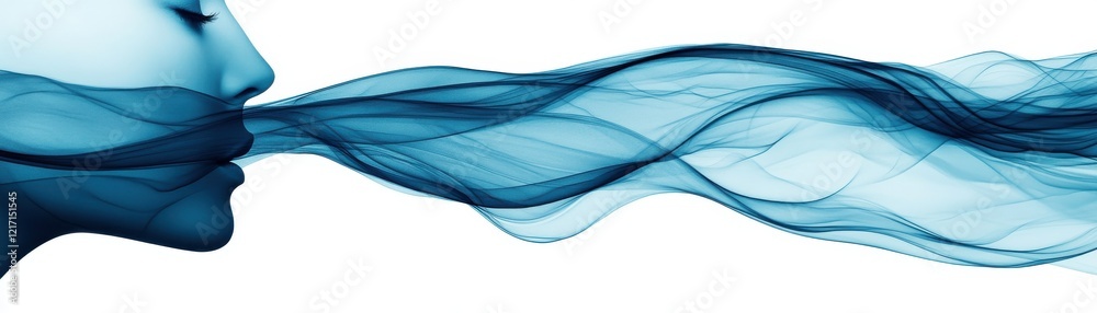 Φωτογραφία A serene blue silhouette of a face exhaling flowing waves of soft, translucent fabric, evoking a sense of calm and tranquility