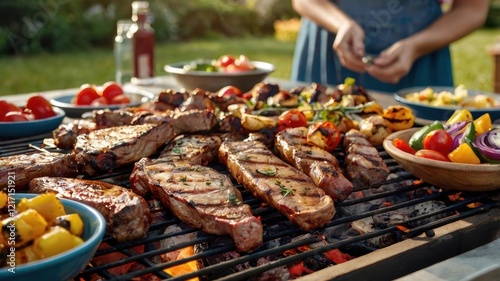 Savoring the Delight of Grilled Feast: A Vibrant BBQ spread Featuring Succulent Meats, Colorful Vegetables, and a Perfect Summer