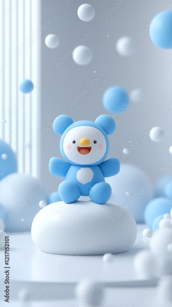 Adorable Blue Plush Toy Bear Amidst Floating White Spheres Adorable Blue Plush Toy Bear Amidst Floating White Spheres