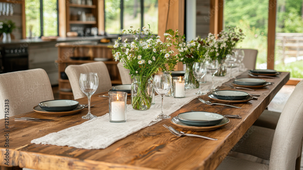 Rustic Elegance: A beautifully set table in a modern, rustic kitchen, adorned with simple, white wildflowers, elegant plates, and flickering candles. Rustic Elegance: A beautifully set table in a modern, rustic kitchen, adorned with simple, white wildflowers, elegant plates, and flickering candles.