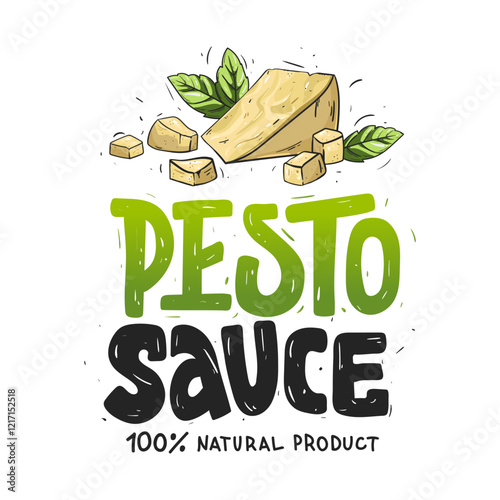 Pesto Sauce. Hand drawn bold text for label, logo. Illustration parmesan cheese and basil. Grunge style. Vector file
