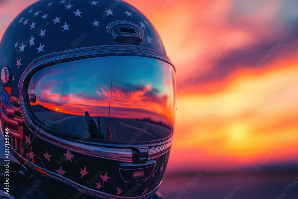 Fototapeta premium Captivating Reflection of a Sunset in a Star-Spangled Motorcycle Helmet for Adventurous Spirits and Passionate Riders Who Embrace Freedom on the Open Road