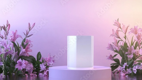 White cylindrical object placed on a circular pedestal, flanked by lush pink flowers against a soft, gradient pink - purple background. Product display and floral aesthetic concept. photo